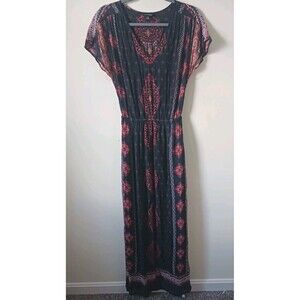 Lucky Brand Navy Orange Floral Boho Maxi Dress V Neck Size XS
